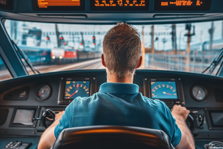 Ein Lokführer sitzt an der Steuerung einer Lok und fährt diese in einen Bahnhof. 