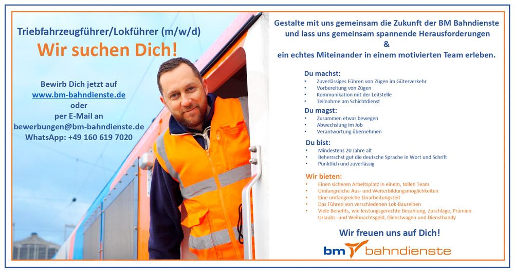 BM Bahndienste GmbH - Mitarbeitersuche: Triebfahrzeugführer/Lokführer
